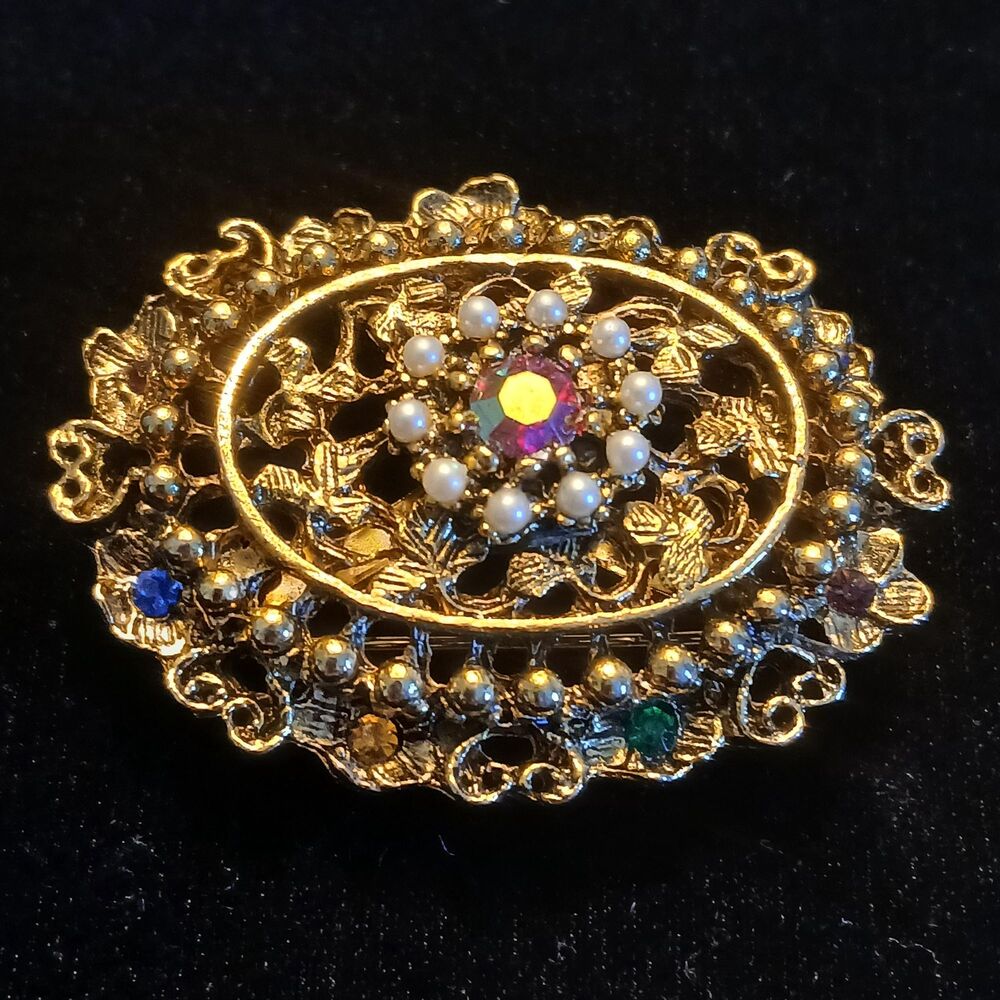 Vintage Florenza Style Brooch Pendant 1960s Gold Tone Rhinestone Faux Pearl Vict